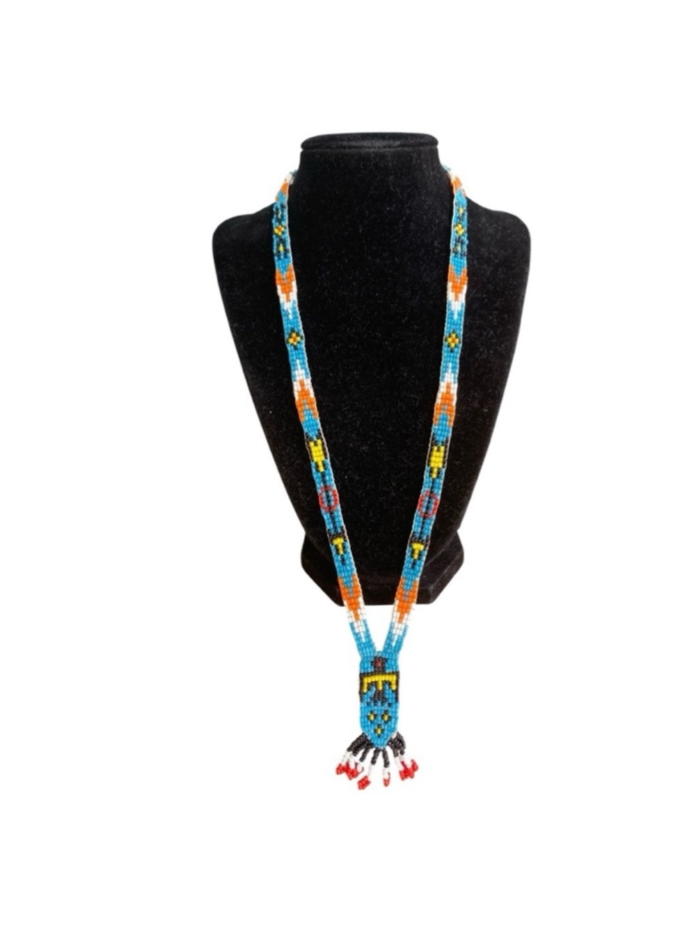 Vintage Native American Beaded Thunderbird Long Fringe Necklace